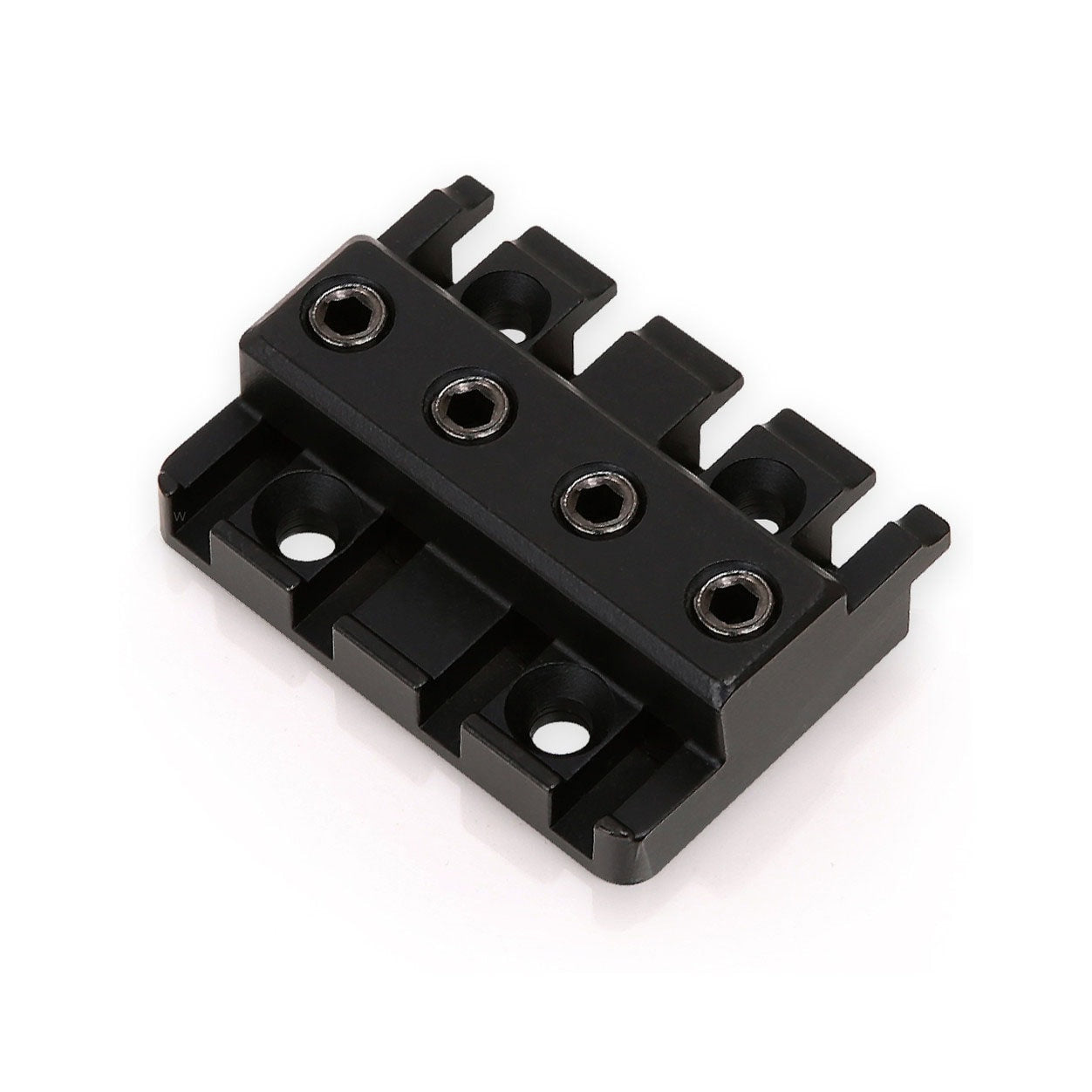 Black metal part with four hex screws and four slots, likely a component for a stringed instrument.