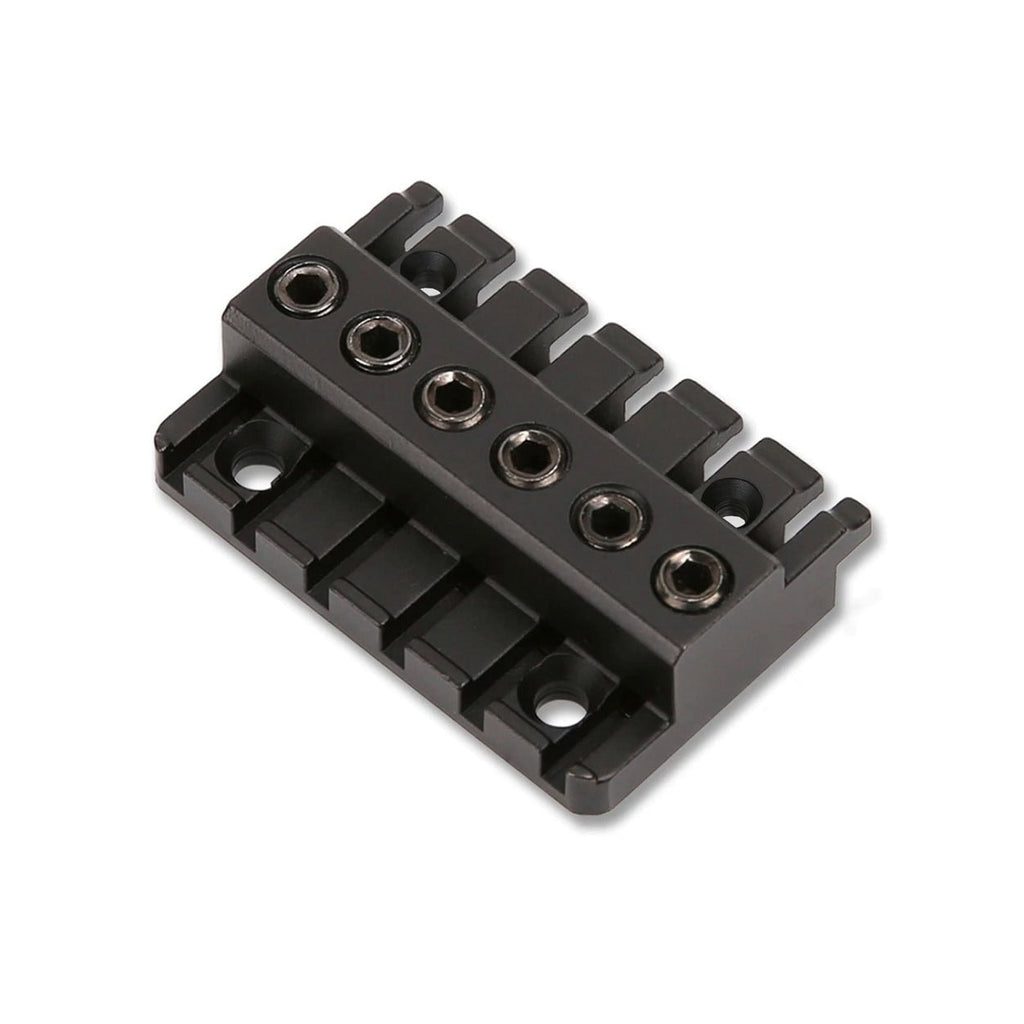 Black metal guitar bridge piece with six adjustable saddle screws shown from an angled view.