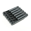 Set of six black cylindrical guitar bridge saddles with adjustment knobs arranged in a row.