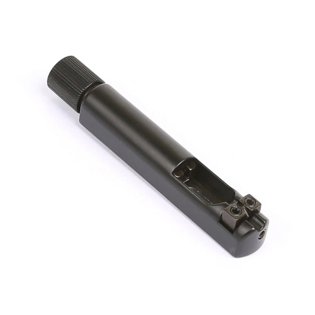 Black metal guitar saddle component with adjustment screw and knurled knob