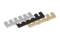 Three metal staple-shaped plates in silver, black, and gold are shown overlapping on a white background.