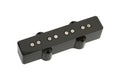 Black rectangular electric bass guitar pickup with six silver pole pieces and two mounting loops.