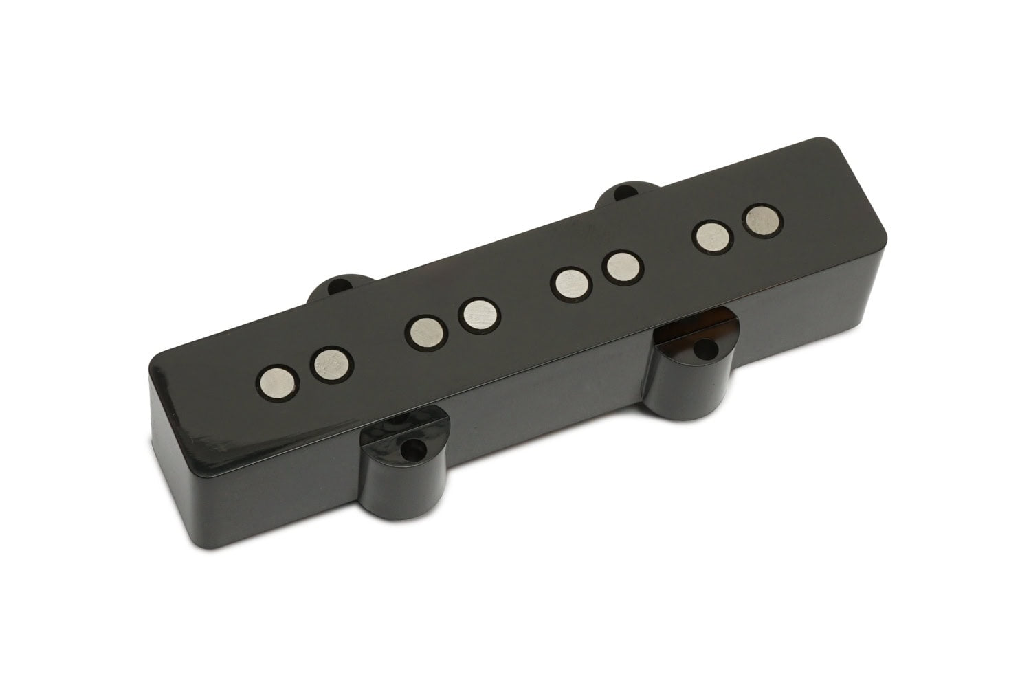 Black rectangular electric bass guitar pickup with six silver pole pieces and two mounting loops.