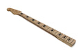 Maple guitar neck with rectangular black inlays on the fretboard and holes on the headstock for tuning pegs.