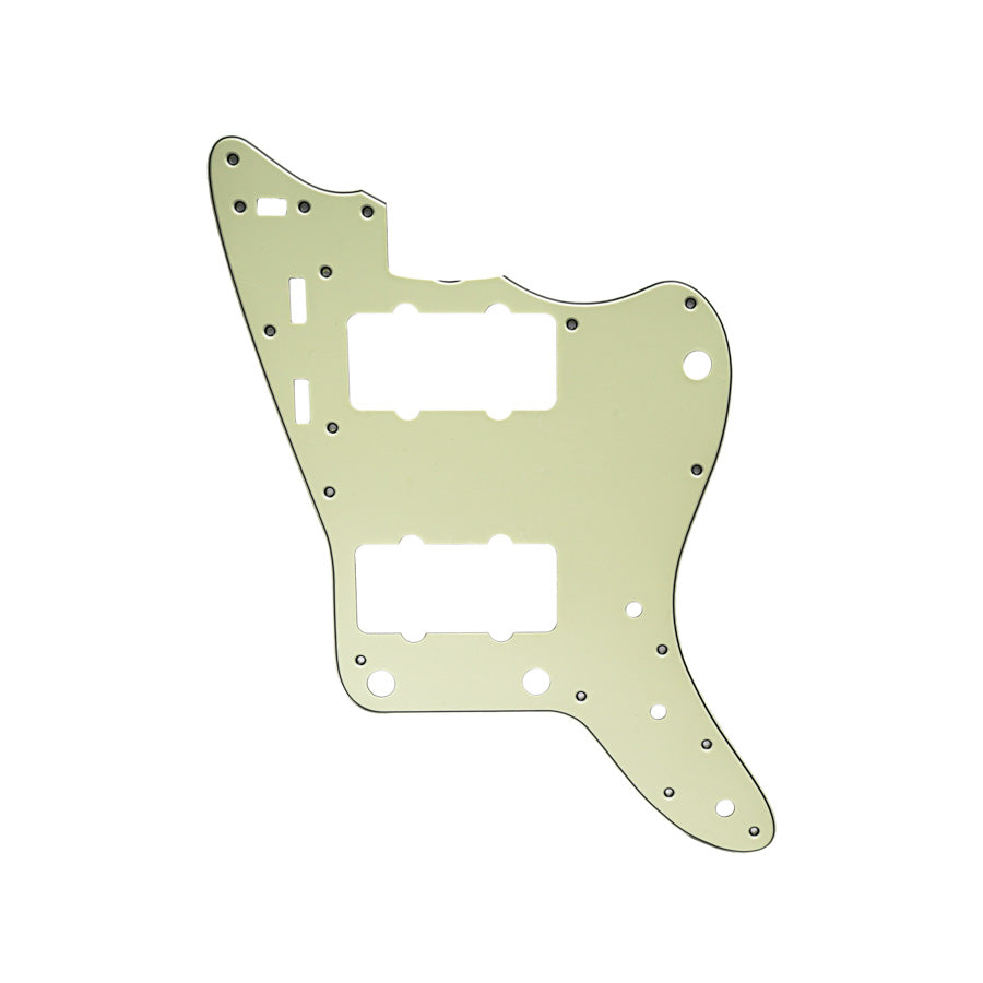 Mint green 3-ply guitar pickguard with multiple cutouts and screw holes on a white background.