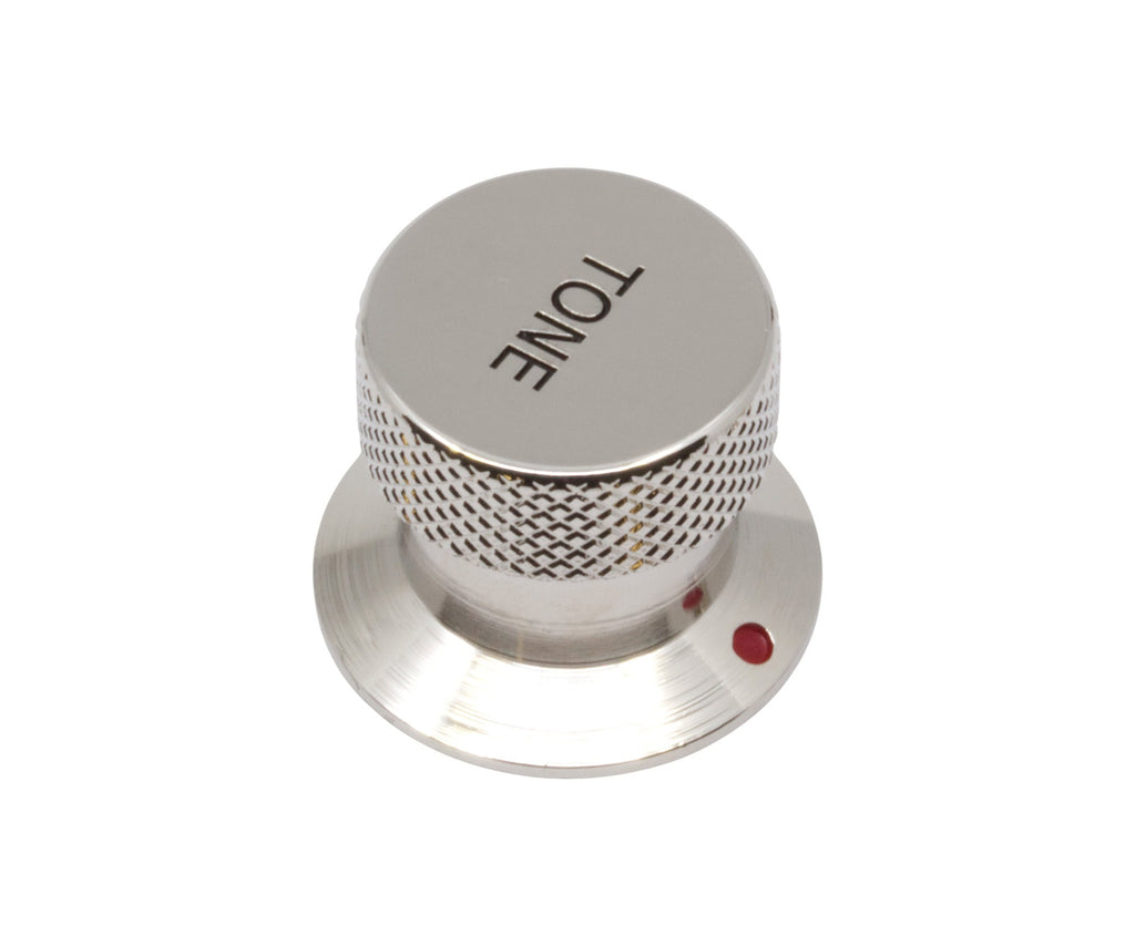 Chrome metal tone control knob with knurled grip and a red indicator dot on the base.