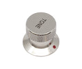 Chrome metal tone control knob with knurled grip and a red indicator dot on the base.