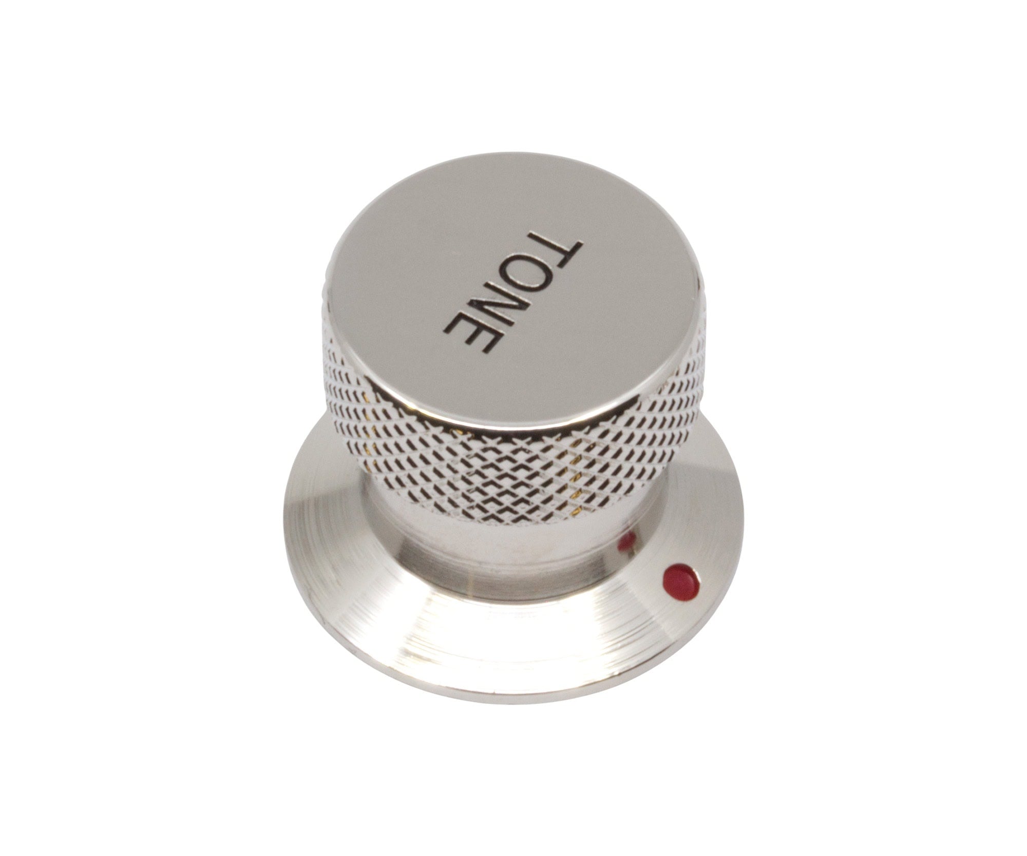 Chrome metal tone control knob with knurled grip and a red indicator dot on the base.