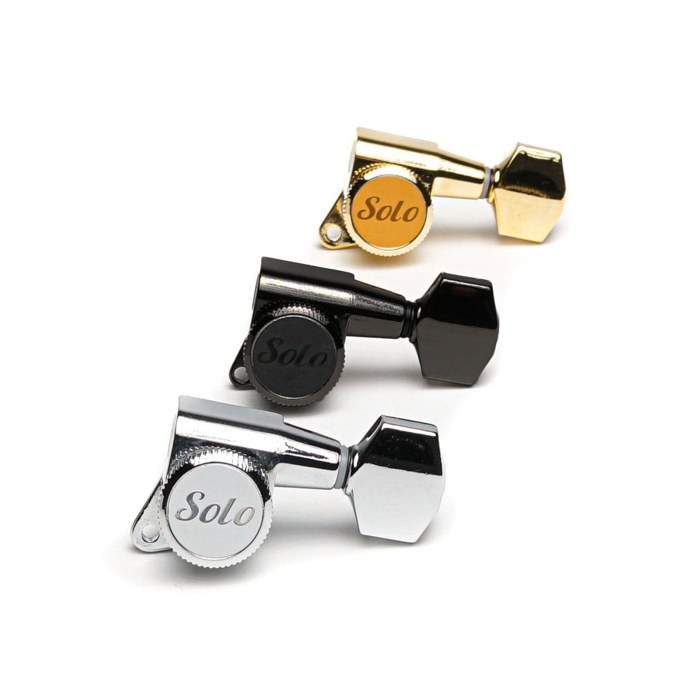 Three guitar locking machine heads in gold, black, and silver colors with Solo branding.