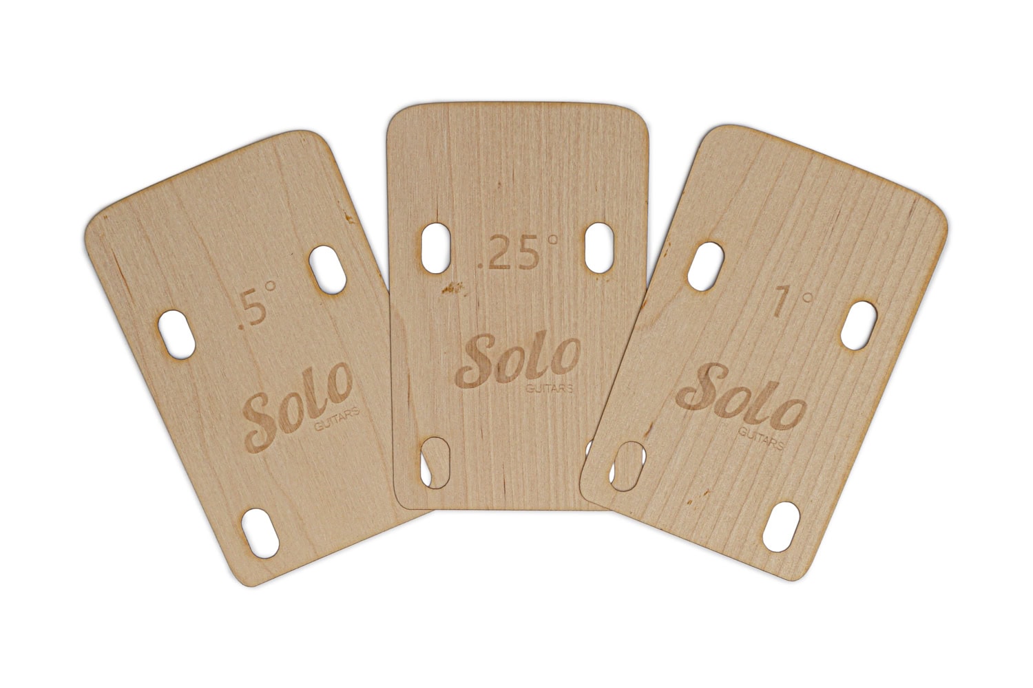 Three wooden tapered shims with labeled angles and Solo branding arranged side by side.