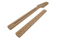 Two brown wooden templates resembling a guitar neck and fretboard with fret markers and the word Solo carved on the headstock template.