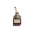 Metal toggle switch with six pin terminals and a brown plastic base shown front-facing on white background.