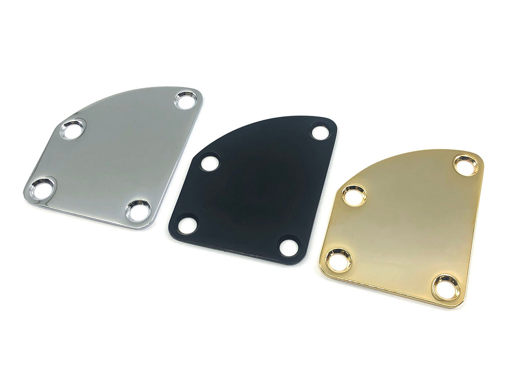Three metal neck plates in silver, black, and gold colors with four screw holes each.