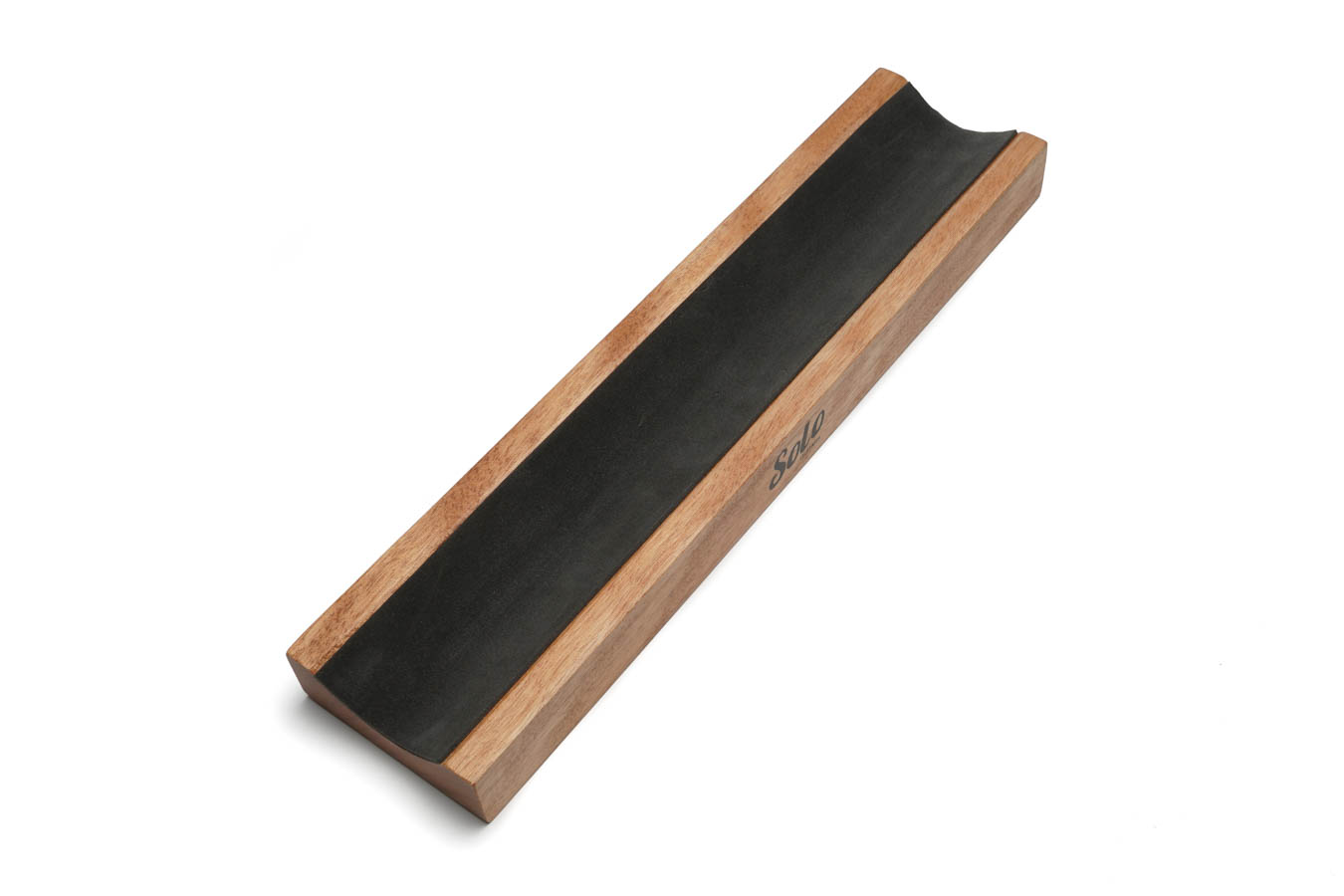 Rectangular wooden neck support caul with black rubber inset and 'solo' branding on the side.