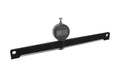 Digital dial gauge mounted on a black metal bar with holes on both ends against white background.
