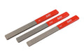 Three metal hand files with red handles labeled with sizes 1/4, 3/16, and 1/8 inches from Solo Guitars.