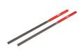 Two metal files with red handles lying side by side on a white surface.