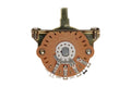 Circular lever switch with multiple metal connection tabs on a brown base and a central metal lever.