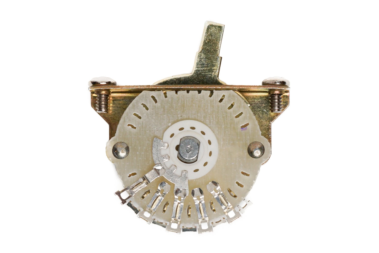 Close-up of a metal and plastic 4-way lever switch with multiple terminal pins on a white background.