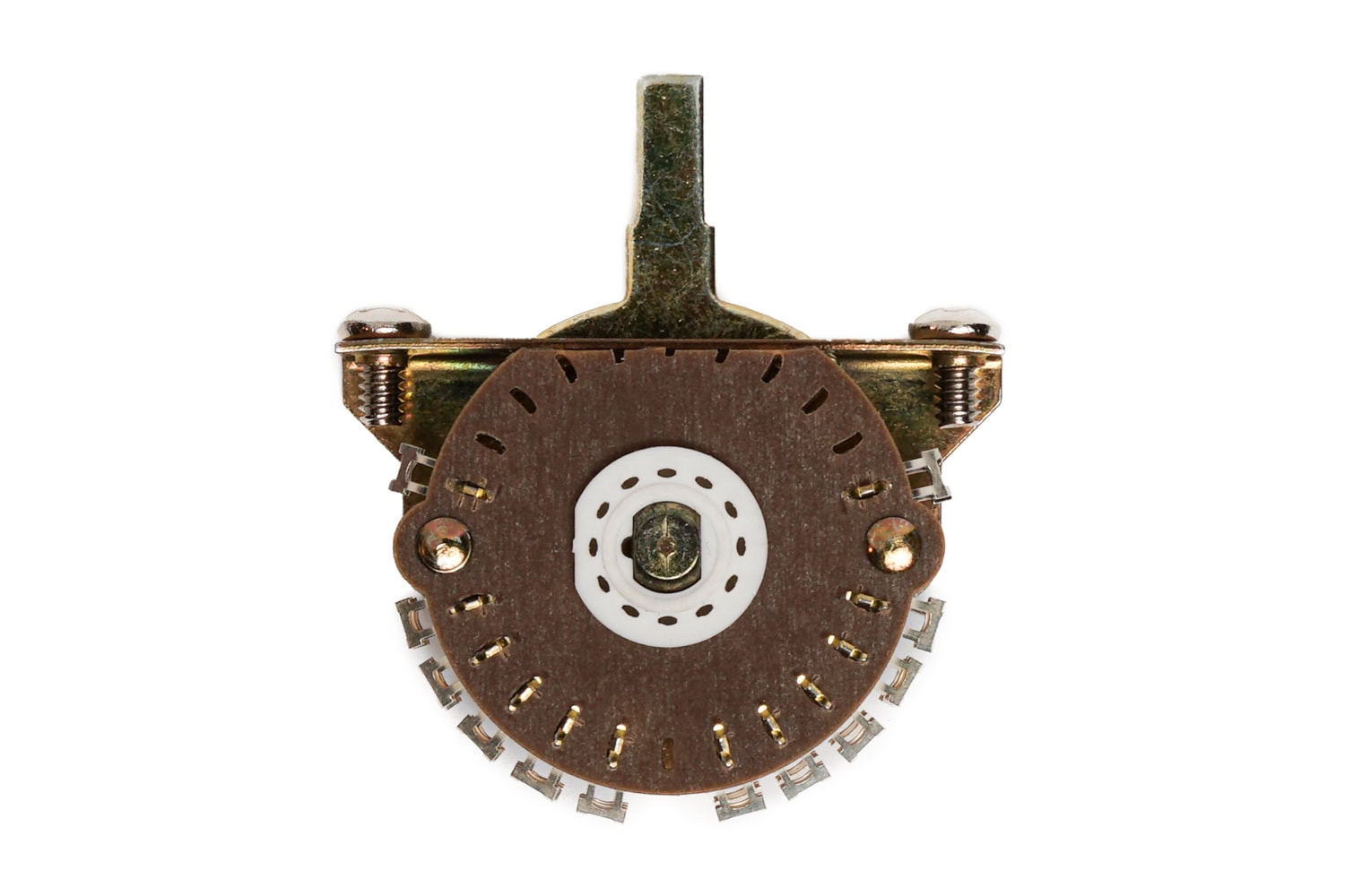 Front view of a rotary lever switch with multiple metal terminals and a brown circular base
