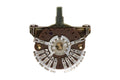Close-up of a rotary switch with multiple tab terminals on a brown base and a metallic rotary shaft.