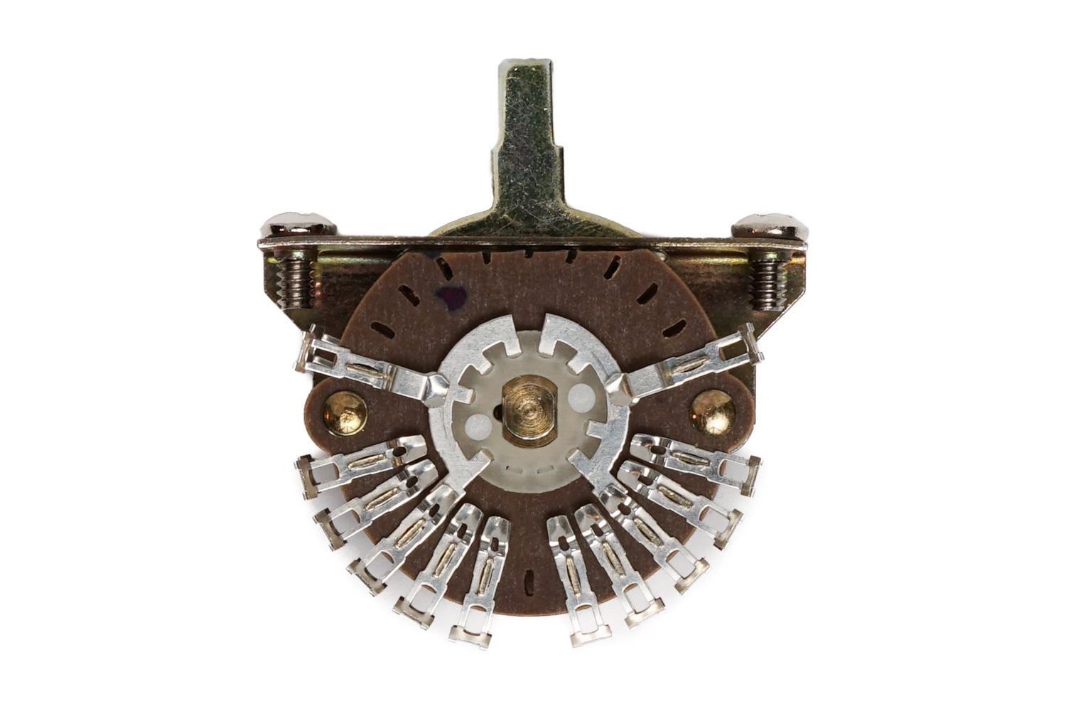 Close-up of a rotary switch with multiple tab terminals on a brown base and a metallic rotary shaft.