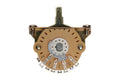 Beige circular lever switch with five metal terminal connectors and a gold mounting bracket viewed from the rear.