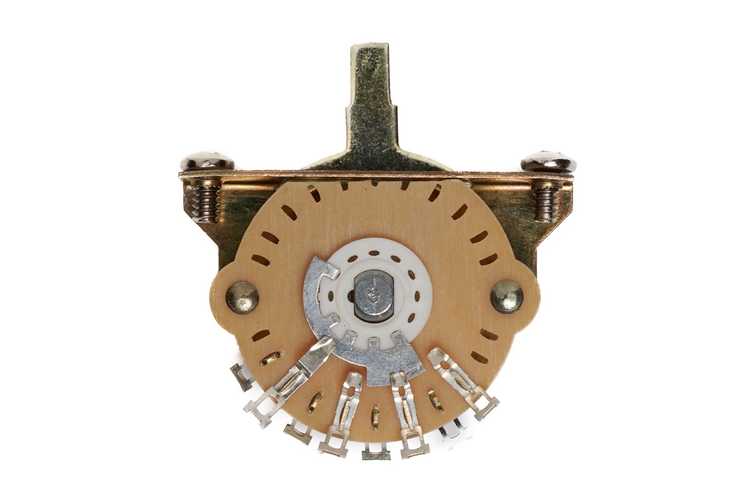 Beige circular lever switch with five metal terminal connectors and a gold mounting bracket viewed from the rear.