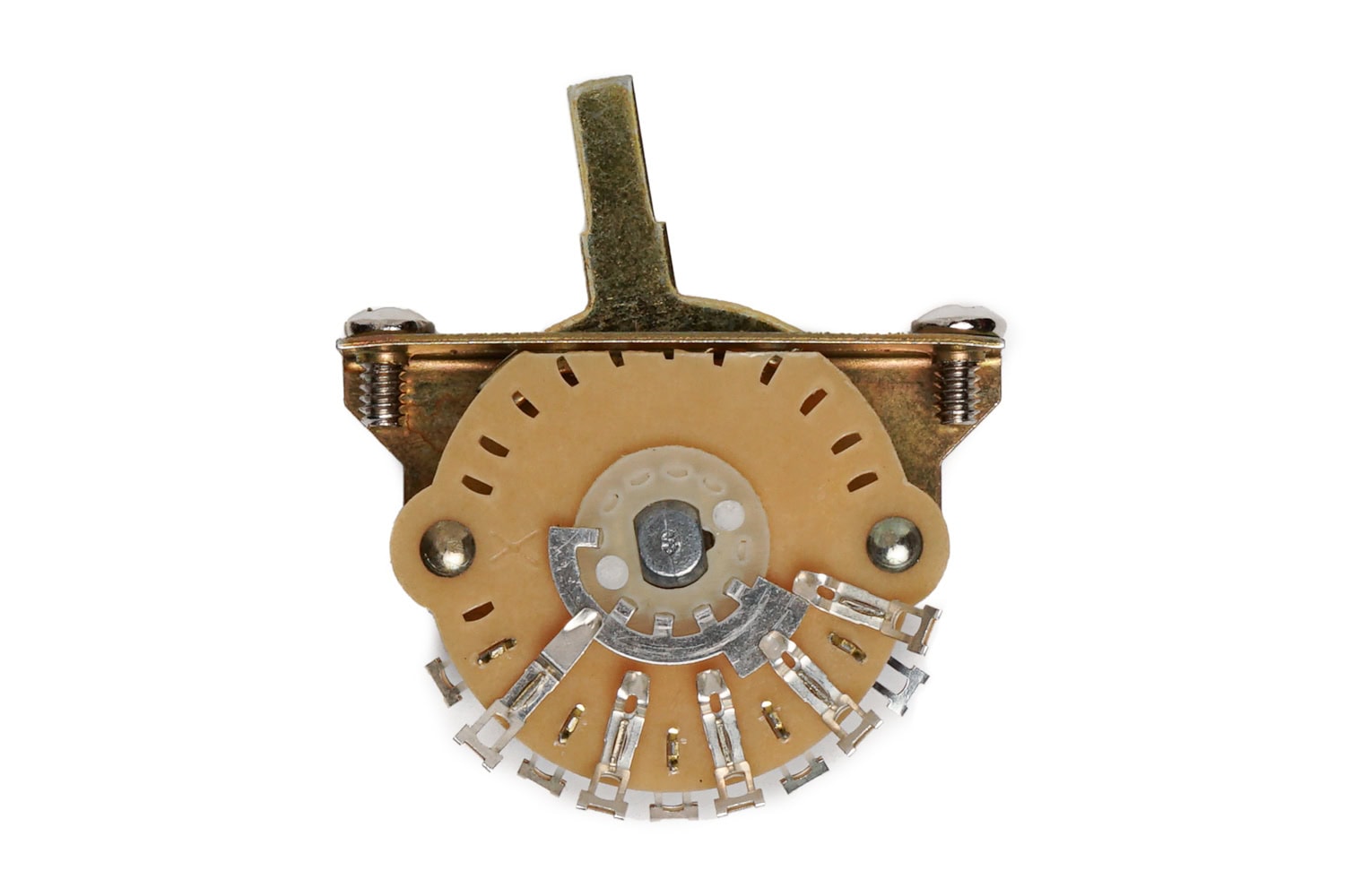 Top-view image of a tan rotary lever switch with multiple solder lug terminals on a white background.