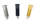 Three flushmount output jacks in silver, black, and gold with 2-pin connectors on a white background.