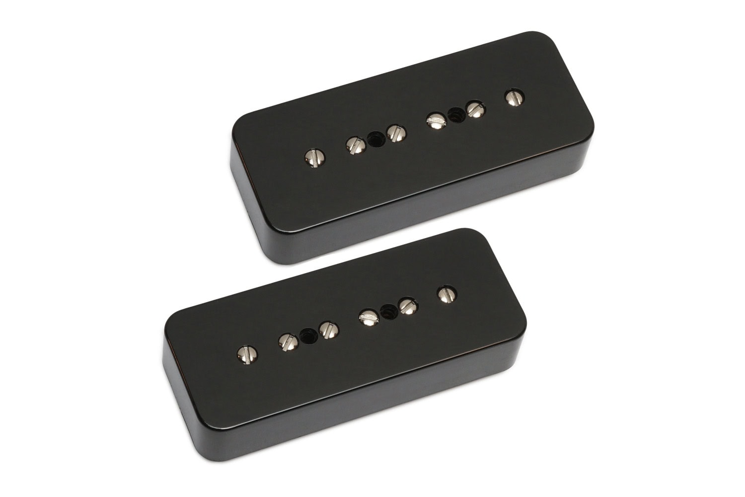 Two black rectangular guitar pickups with six adjustable screws each on a white background.