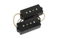 Two black rectangular bass guitar pickups with four metal pole pieces and attached beige and black wires.