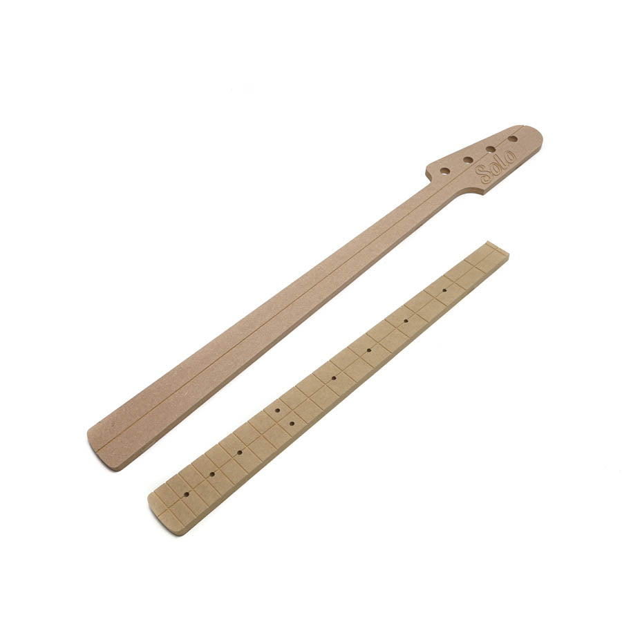 Two wood templates for a bass guitar neck and fretboard with tuning peg holes and fret slots