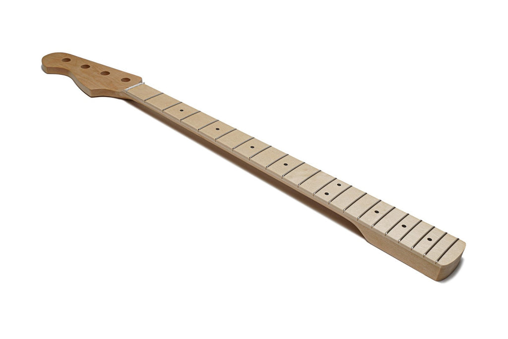 Maple bass guitar neck with a maple fretboard and peghead with four holes for tuners.