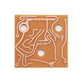 Single-layer printed circuit board with copper traces and three mounting holes on a white background.