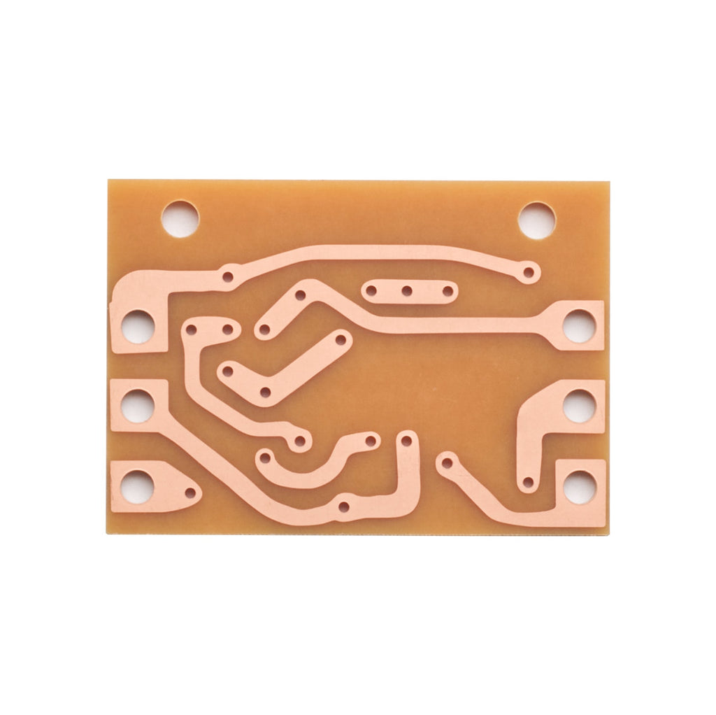 Single-sided printed circuit board with copper traces on a brown fiberglass base.