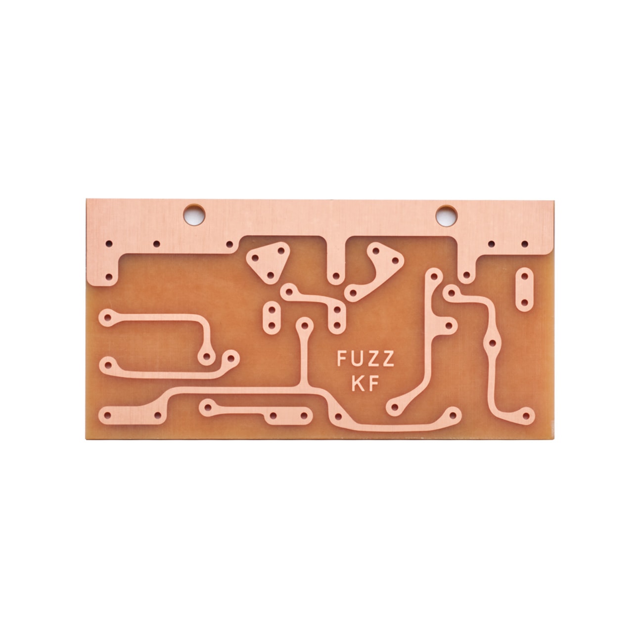 Rectangular printed circuit board with copper traces and text 'FUZZ KF'