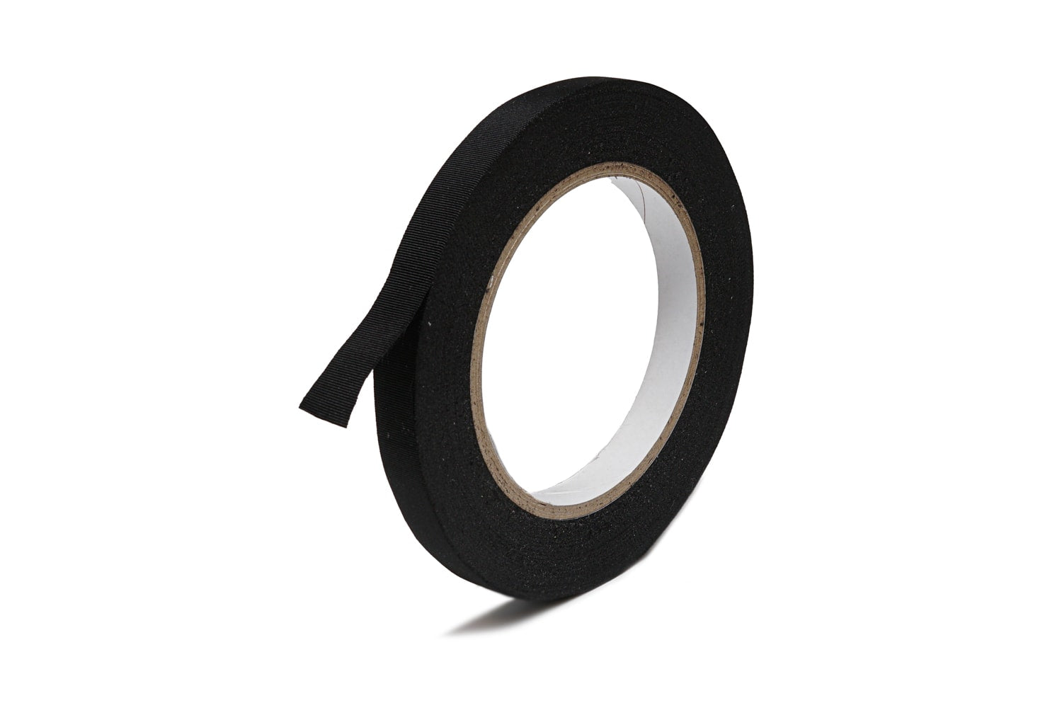 Roll of black fabric tape with a partially loose end against a white background.
