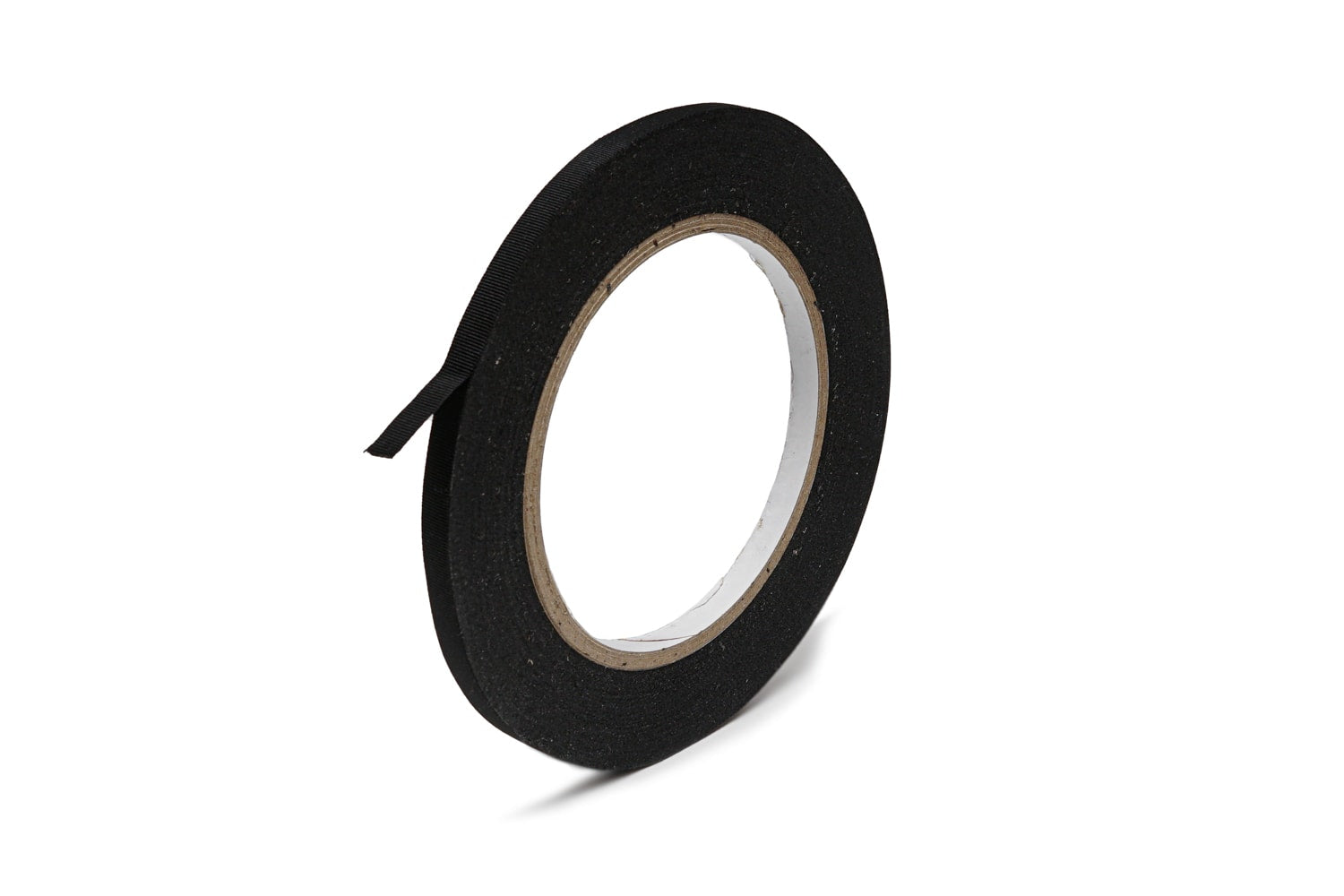 Roll of black fabric tape with a small loose end against a white background.
