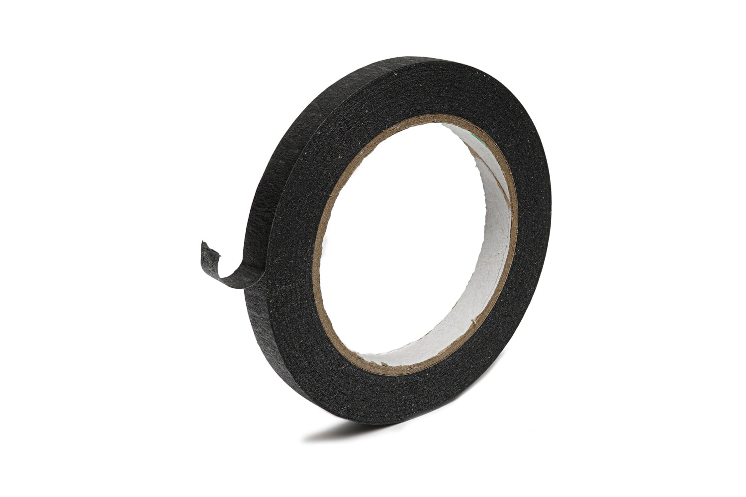 Roll of black paper tape with a small piece unrolled on a white background.