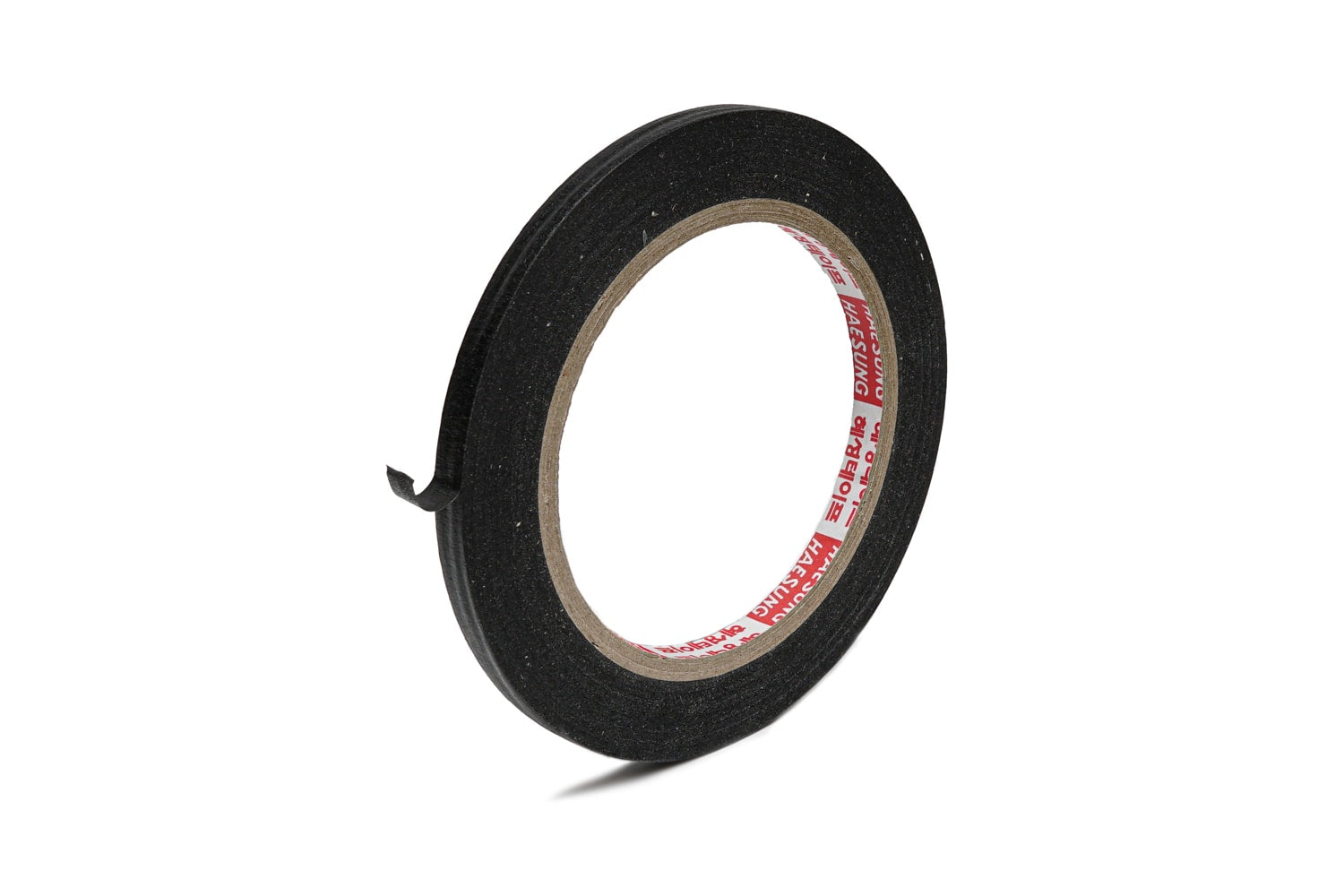 A roll of black paper adhesive tape with a partially pulled loose end, isolated on white background.