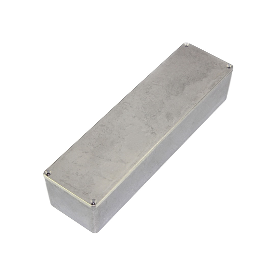 Rectangular metal enclosure box with a screw-secured lid shown at an angle on white background.