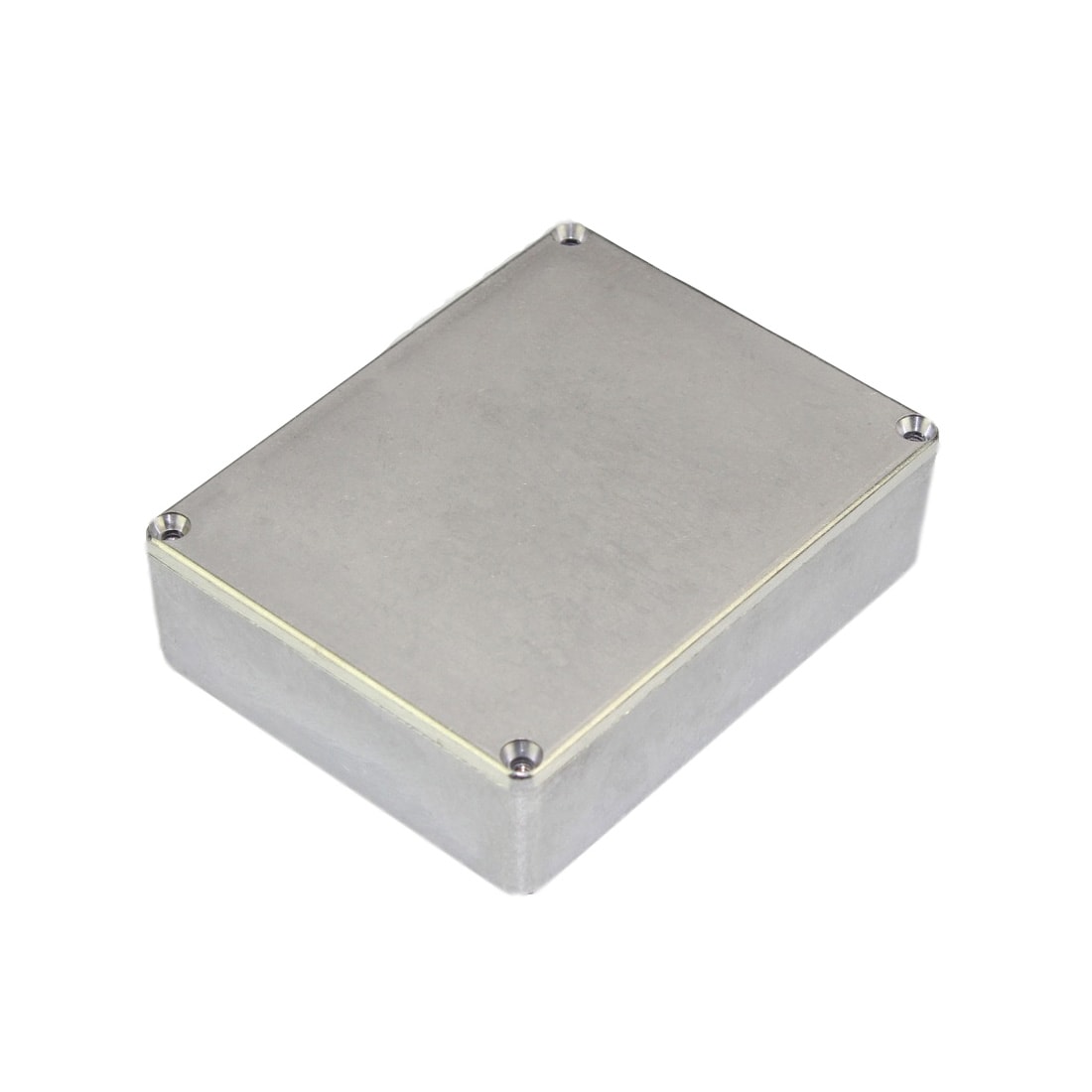 Rectangular silver metal enclosure box with four screws on the top panel.
