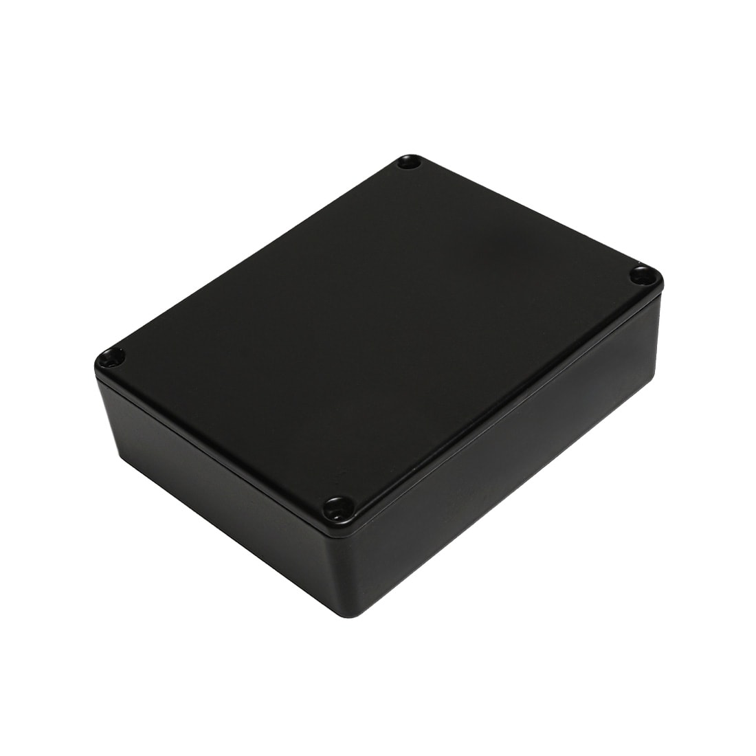 Black rectangular metal enclosure box with screws at each corner on top surface.