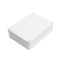 White rectangular metal enclosure box with screw holes in each corner on top panel.