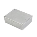Silver rectangular metal enclosure box with screw holes at the corners on the top surface.
