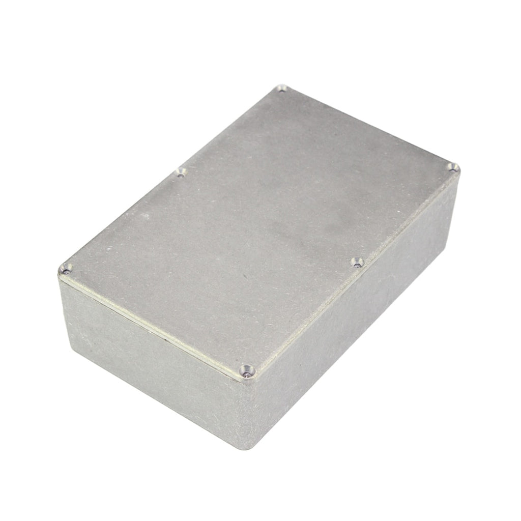 Rectangular metal enclosure box with a secured lid and screws at the corners.