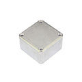 Small square metal enclosure box with four corner screws on the top cover.