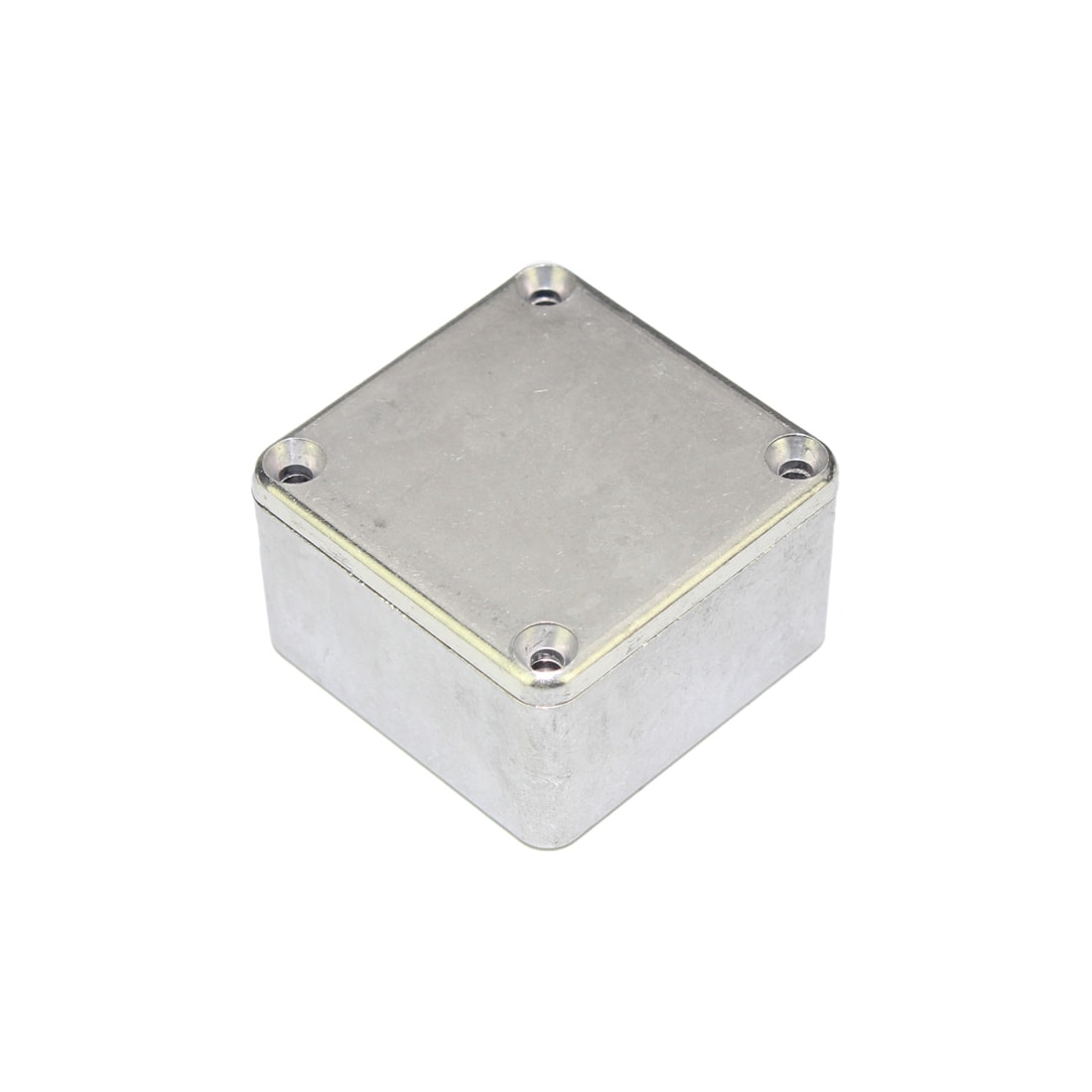 Small square metal enclosure box with four corner screws on the top cover.