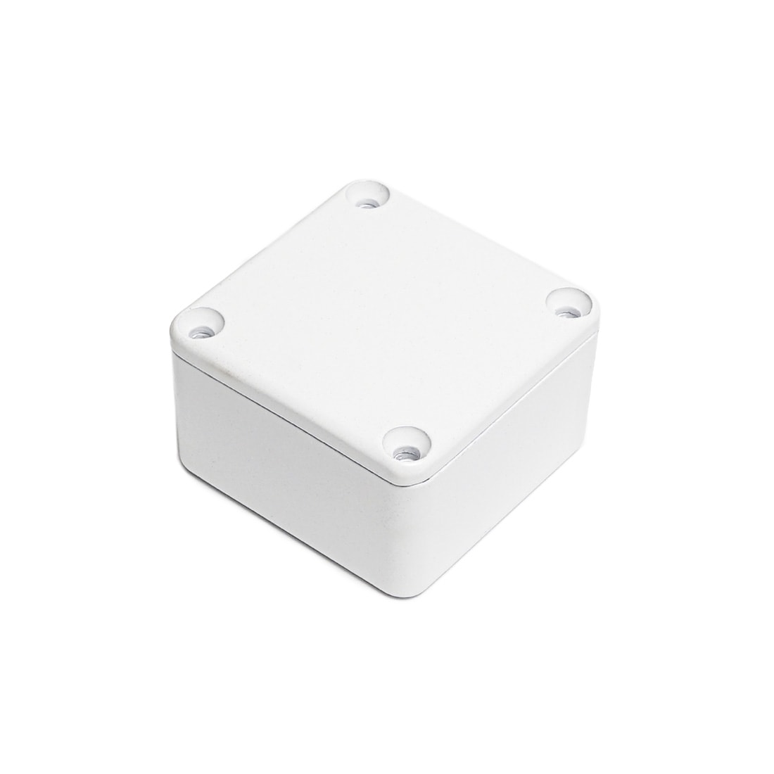 White rectangular metal enclosure with rounded corners and four screw holes on the top surface.
